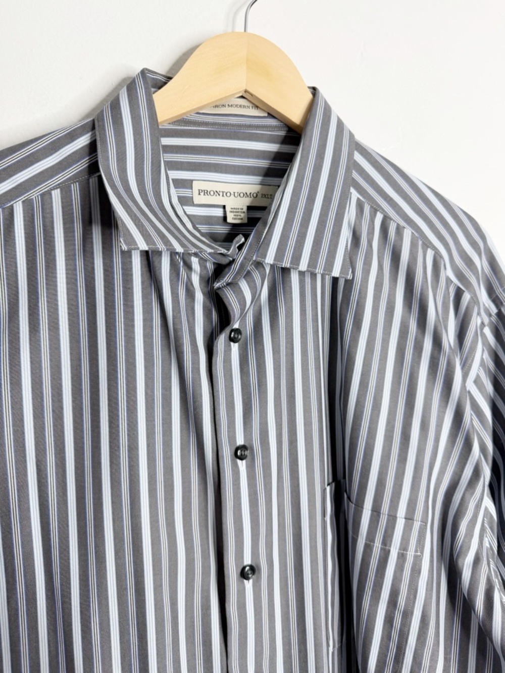 Pronto Uomo Men’s Modern Fit Button Up Shirt 2XLT Gray Striped Casual Preppy